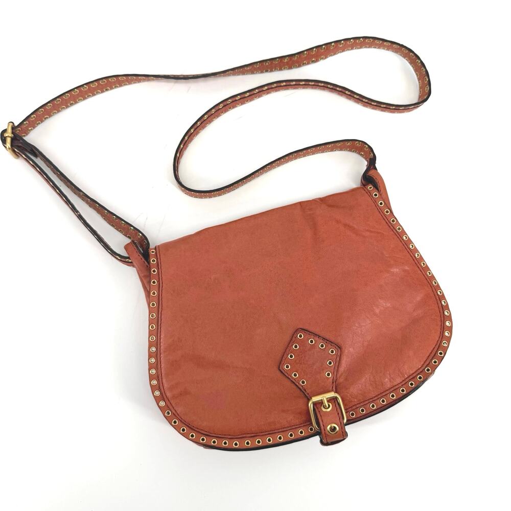 VTG Burnt Orange Leather Studded Crossbody Bag Boho Saddle Purse Rebecca Minkoff